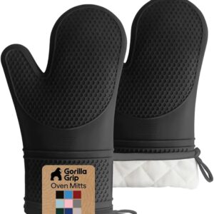 gorilla grip bpa free soft silicone oven mitts, heat resistant & waterproof cooking gloves with thick cotton lining, flexible grip, kitchen potholders set for grilling & bbq, 12.5x8.3, black
