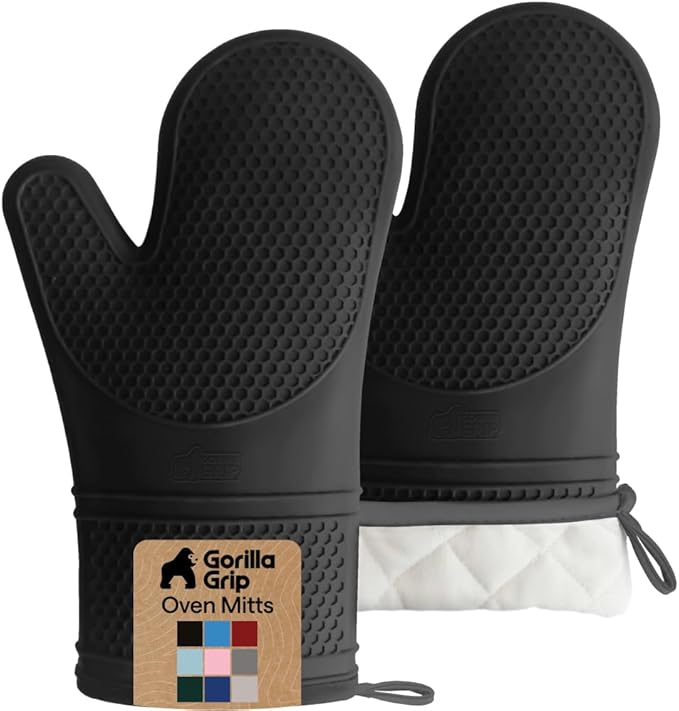 gorilla grip bpa free soft silicone oven mitts, heat resistant & waterproof cooking gloves with thick cotton lining, flexible grip, kitchen potholders set for grilling & bbq, 12.5x8.3, black gorilla grip bpa free soft silicone oven mitts, heat resistant & waterproof cooking gloves with thick cotton lining, flexible grip, kitchen potholders set for grilling & bbq, 12.5x8.3, black