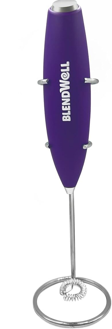 blendwell electric milk frother for matcha and coffee – handheld battery operated drink mixer with stand, stainless steel whisk (purple) blendwell electric milk frother for matcha and coffee – handheld battery operated drink mixer with stand, stainless steel whisk (purple)