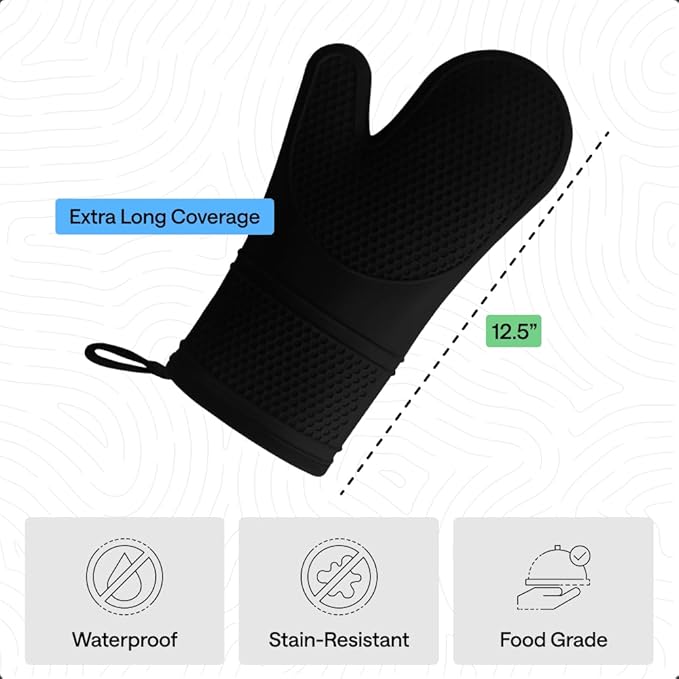 gorilla grip bpa free soft silicone oven mitts, heat resistant & waterproof cooking gloves with thick cotton lining, flexible grip, kitchen potholders set for grilling & bbq, 12.5x8.3, black gorilla grip bpa free soft silicone oven mitts, heat resistant & waterproof cooking gloves with thick cotton lining, flexible grip, kitchen potholders set for grilling & bbq, 12.5x8.3, black