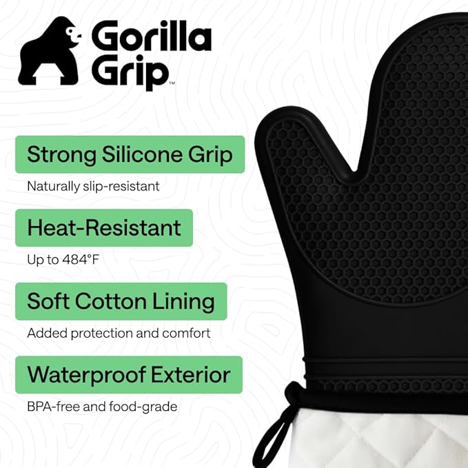 gorilla grip bpa free soft silicone oven mitts, heat resistant & waterproof cooking gloves with thick cotton lining, flexible grip, kitchen potholders set for grilling & bbq, 12.5x8.3, black gorilla grip bpa free soft silicone oven mitts, heat resistant & waterproof cooking gloves with thick cotton lining, flexible grip, kitchen potholders set for grilling & bbq, 12.5x8.3, black
