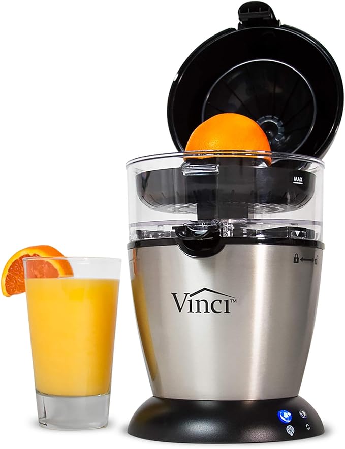 vinci hands free electric citrus juicer – 1 button juicer machine for orange, lime, grapefruit & lemon, easy to clean citrus squeezer, black/stainless steel vinci hands free electric citrus juicer – 1 button juicer machine for orange, lime, grapefruit & lemon, easy to clean citrus squeezer, black/stainless steel