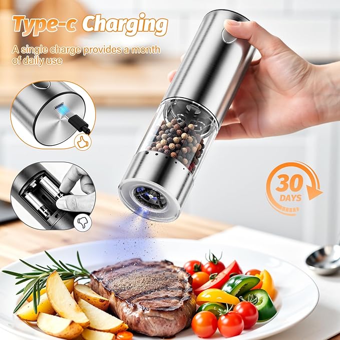 homehacks upgraded large capacity electric salt and pepper grinder set – rechargeable type c with led light, stainless steel automatic grinder, 6 adjustable coarseness (valentine’s gift set)