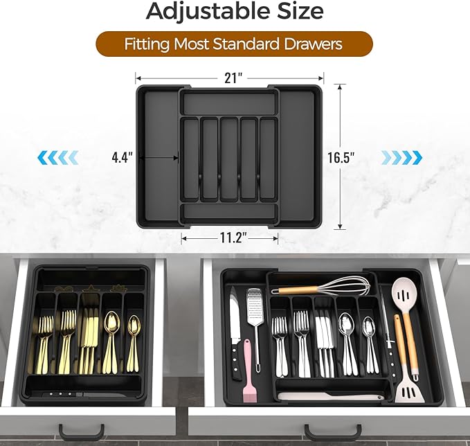 extra large expandable silverware organizer – bpa free food safe cutlery & flatware drawer organizer, adjustable kitchen utensil holder for spoons, forks, knives, black extra large expandable silverware organizer – bpa free food safe cutlery & flatware drawer organizer, adjustable kitchen utensil holder for spoons, forks, knives, black