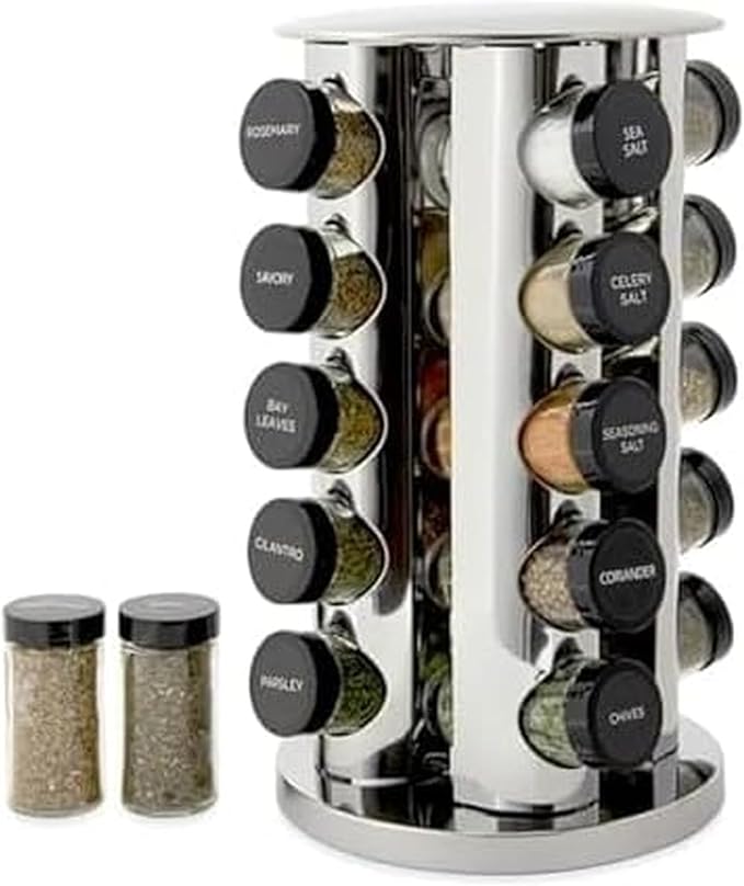 kamenstein 20 jar revolving countertop spice rack with spices included – free spice refills for 5 years, polished stainless steel with black caps, model 30020 kamenstein 20 jar revolving countertop spice rack with spices included – free spice refills for 5 years, polished stainless steel with black caps, model 30020