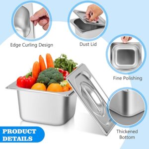 Home 6 pack stainless steam hotel pan with lid, 1/6 size 4 inch deep steam table pans, stackable commercial anti jam steam tray catering food storage steel pan for hotel restaurant buffet party supplies
