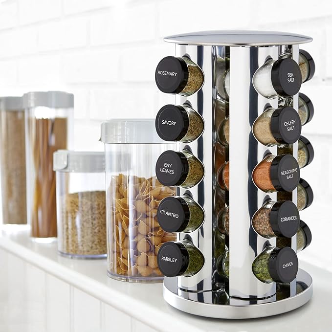 kamenstein 20 jar revolving countertop spice rack with spices included – free spice refills for 5 years, polished stainless steel with black caps, model 30020 kamenstein 20 jar revolving countertop spice rack with spices included – free spice refills for 5 years, polished stainless steel with black caps, model 30020