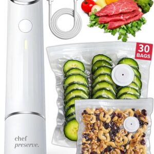 chef preserve compact vacuum sealer for food – handheld portable vacuum sealer machine with 30 reusable vacuum bags, powerful meal saver and food storage solution