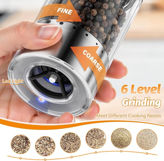 homehacks upgraded large capacity electric salt and pepper grinder set – rechargeable type c with led light, stainless steel automatic grinder, 6 adjustable coarseness (valentine’s gift set) homehacks upgraded large capacity electric salt and pepper grinder set – rechargeable type c with led light, stainless steel automatic grinder, 6 adjustable coarseness (valentine’s gift set)