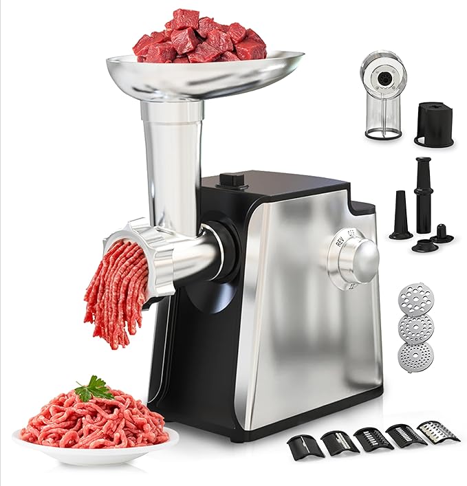 electric meat grinder 2800w – 4 in 1 sausage stuffer & vegetable shredder with 3 slice/shred blades, 5 cutting blades, sausage stuffer & kubbe kit for home kitchen electric meat grinder 2800w – 4 in 1 sausage stuffer & vegetable shredder with 3 slice/shred blades, 5 cutting blades, sausage stuffer & kubbe kit for home kitchen