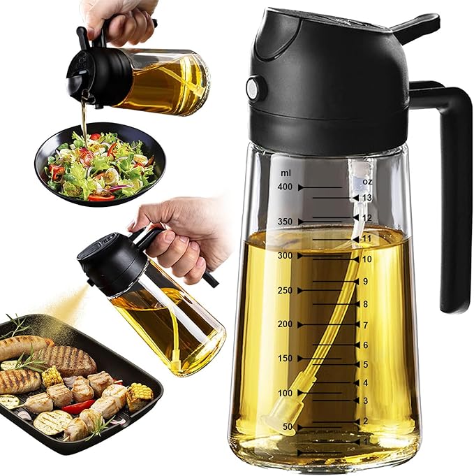 trendplain 16oz / 470ml glass olive oil sprayer for cooking – 2 in 1 olive oil dispenser bottle for kitchen gadgets & air fryer accessories, salad, bbq (black)