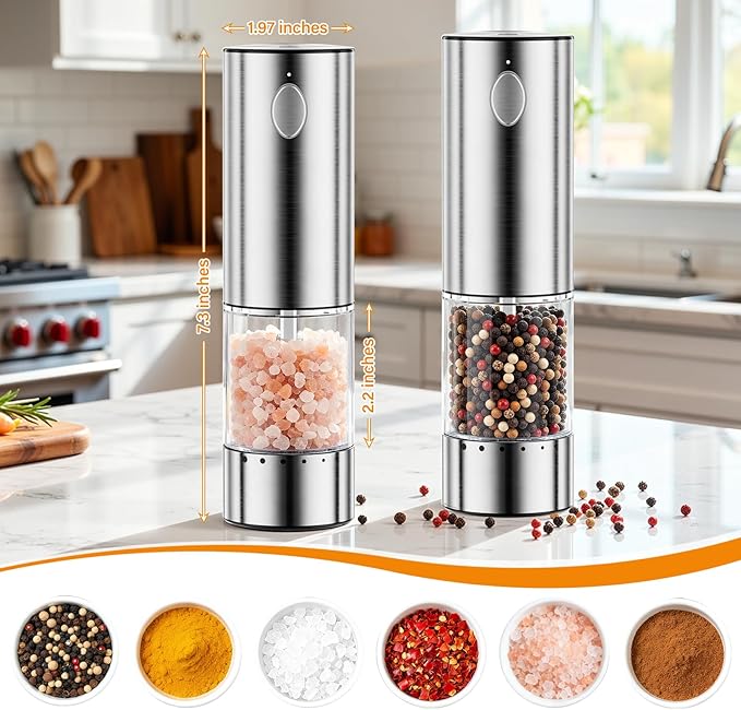 homehacks upgraded large capacity electric salt and pepper grinder set – rechargeable type c with led light, stainless steel automatic grinder, 6 adjustable coarseness (valentine’s gift set) homehacks upgraded large capacity electric salt and pepper grinder set – rechargeable type c with led light, stainless steel automatic grinder, 6 adjustable coarseness (valentine’s gift set)