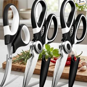 Home kitchen scissors all purpose – 3 pack heavy duty stainless steel cooking shears, multipurpose sharp kitchen scissor set, dishwasher safe, black
