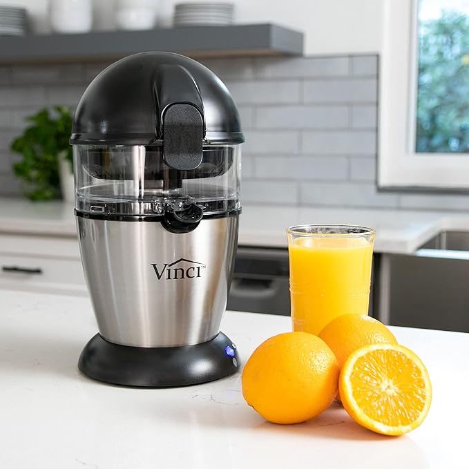 vinci hands free electric citrus juicer – 1 button juicer machine for orange, lime, grapefruit & lemon, easy to clean citrus squeezer, black/stainless steel