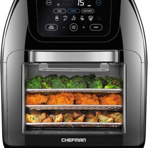 chefman multifunctional digital air fryer + rotisserie – dehydrator, convection oven with 17 touch screen presets for fry, roast, dehydrate, bake, xl 10l family size, auto shutoff, large easy view window, black