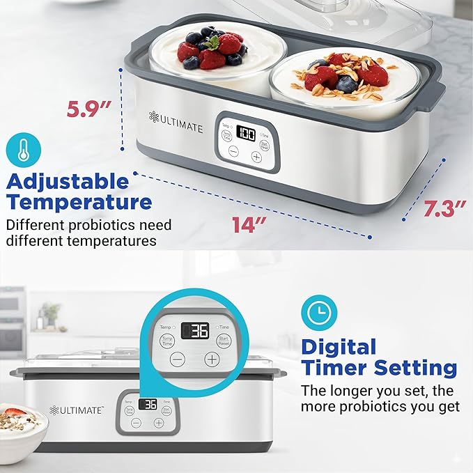 ultimate probiotic yogurt maker – adjustable time & temperature control, make trillions of live probiotics with two 1 quart containers for larger batches, greek yogurt maker with ultimate lifetime warranty ultimate probiotic yogurt maker – adjustable time & temperature control, make trillions of live probiotics with two 1 quart containers for larger batches, greek yogurt maker with ultimate lifetime warranty