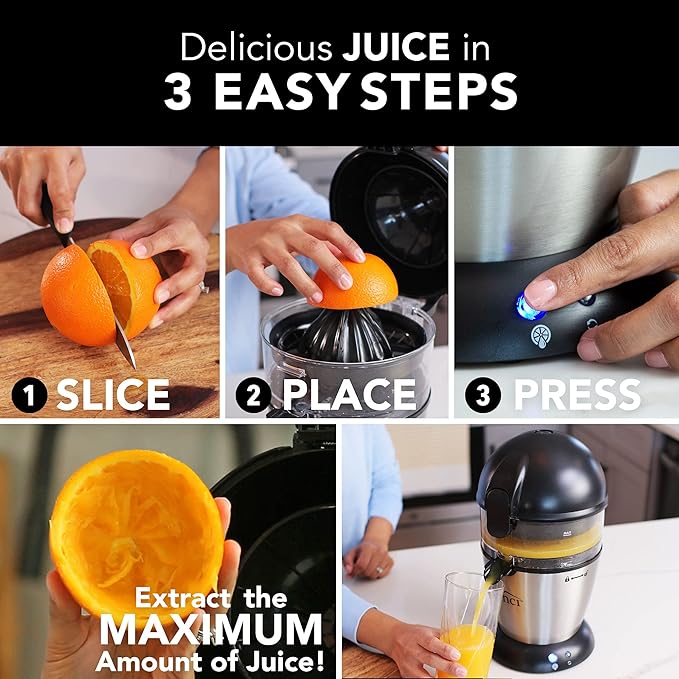 vinci hands free electric citrus juicer – 1 button juicer machine for orange, lime, grapefruit & lemon, easy to clean citrus squeezer, black/stainless steel vinci hands free electric citrus juicer – 1 button juicer machine for orange, lime, grapefruit & lemon, easy to clean citrus squeezer, black/stainless steel