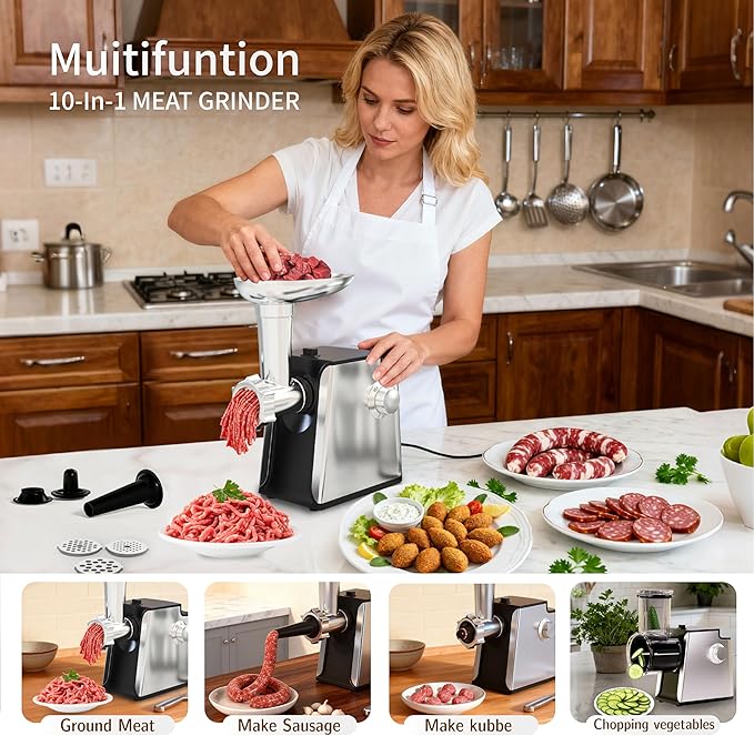 electric meat grinder 2800w – 4 in 1 sausage stuffer & vegetable shredder with 3 slice/shred blades, 5 cutting blades, sausage stuffer & kubbe kit for home kitchen electric meat grinder 2800w – 4 in 1 sausage stuffer & vegetable shredder with 3 slice/shred blades, 5 cutting blades, sausage stuffer & kubbe kit for home kitchen