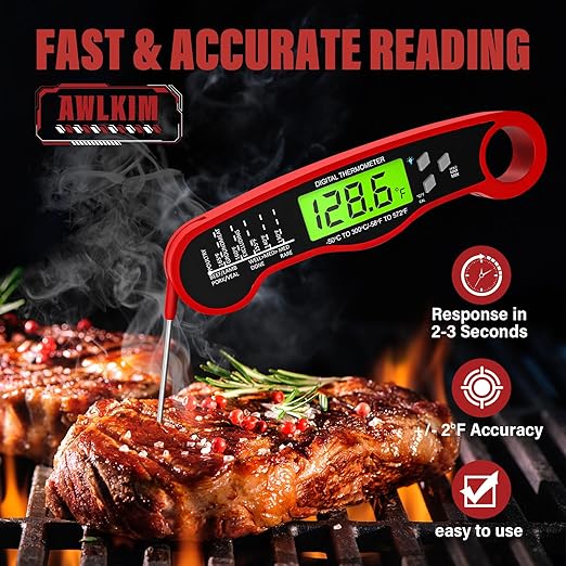 meat thermometer digital instant read waterproof food thermometer with backlight for cooking, grill, candy, kitchen & stocking stuffers for men red