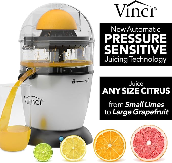vinci hands free electric citrus juicer – 1 button juicer machine for orange, lime, grapefruit & lemon, easy to clean citrus squeezer, black/stainless steel vinci hands free electric citrus juicer – 1 button juicer machine for orange, lime, grapefruit & lemon, easy to clean citrus squeezer, black/stainless steel