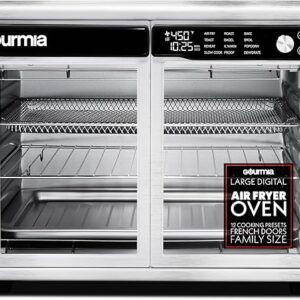 gourmia french door air fryer oven – 37 qt large capacity convection toaster oven with fryforce 360°, digital display, 12 cooking presets, dehydrate function, fits 13” pizza, dishwasher safe, stainless steel
