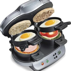 hamilton beach dual breakfast sandwich maker with timer – ready in 5 minutes, removable dishwasher safe pfas free non stick egg cooker ring, silver (model 25490mna)