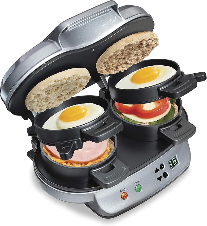 hamilton beach dual breakfast sandwich maker with timer – ready in 5 minutes, removable dishwasher safe pfas free non stick egg cooker ring, silver (model 25490mna) hamilton beach dual breakfast sandwich maker with timer – ready in 5 minutes, removable dishwasher safe pfas free non stick egg cooker ring, silver (model 25490mna)