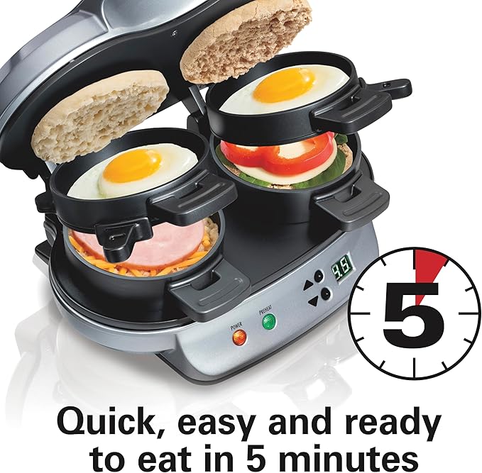 hamilton beach dual breakfast sandwich maker with timer – ready in 5 minutes, removable dishwasher safe pfas free non stick egg cooker ring, silver (model 25490mna) hamilton beach dual breakfast sandwich maker with timer – ready in 5 minutes, removable dishwasher safe pfas free non stick egg cooker ring, silver (model 25490mna)