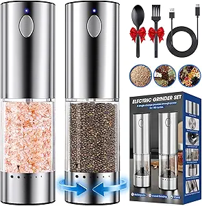 homehacks upgraded large capacity electric salt and pepper grinder set – rechargeable type c with led light, stainless steel automatic grinder, 6 adjustable coarseness (valentine’s gift set) homehacks upgraded large capacity electric salt and pepper grinder set – rechargeable type c with led light, stainless steel automatic grinder, 6 adjustable coarseness (valentine’s gift set)