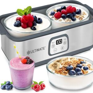 ultimate probiotic yogurt maker – adjustable time & temperature control, make trillions of live probiotics with two 1 quart containers for larger batches, greek yogurt maker with ultimate lifetime warranty