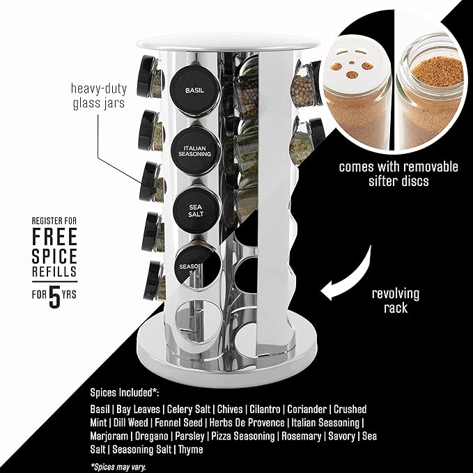 kamenstein 20 jar revolving countertop spice rack with spices included – free spice refills for 5 years, polished stainless steel with black caps, model 30020