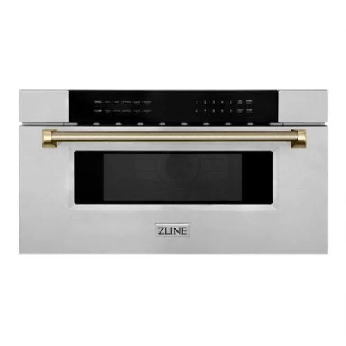 zline autograph 30 in. 1.2 cu. ft. built in microwave drawer and polished gold helix handle stainless steel