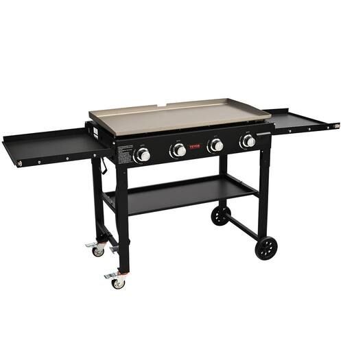 vevor flat top gas grill on cart 36 in. outdoor griddle station 4 burner propane 60,000 btu restaurant portable grill in black